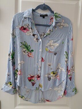 Velvet Heart Women's Long Sleeve  Button Down Blue White Stripe Floral Overlay B